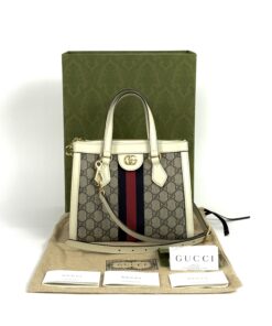 Gucci Supreme Monogram Textured Dollar Calfskin Web Small Ophidia Tote Bag Beige Ebony Mystic White 4