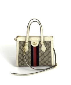 Gucci Supreme Monogram Textured Dollar Calfskin Web Small Ophidia Tote Bag Beige Ebony Mystic White 18