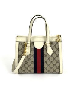 Gucci Supreme Monogram Textured Dollar Calfskin Web Small Ophidia Tote Bag Beige Ebony Mystic White 5