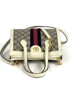 Gucci Supreme Monogram Textured Dollar Calfskin Web Small Ophidia Tote Bag Beige Ebony Mystic White 16