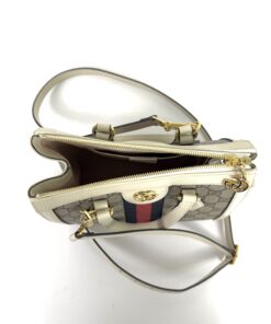 Gucci Supreme Monogram Textured Dollar Calfskin Web Small Ophidia Tote Bag Beige Ebony Mystic White 11