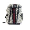 Gucci Ophidia medium backpack in GG Supreme canvas with the green and red web and navy leather trim, shown from the front