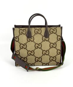 Gucci jumbo GG tote in camel and ebony canvas with ebony leather trim and green red web strap