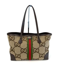 Gucci Ophidia medium tote in beige and ebony GG canvas with green red web and brown leather
