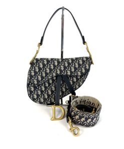 Dior Saddle bag in blue Dior Oblique embroidery with gold D charm and matching strap