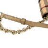 Detail of the gold chain and taupe leather strap