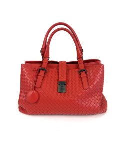 Bottega Veneta Roma satchel in red intrecciato woven leather with twin rolled handles and leather key fob