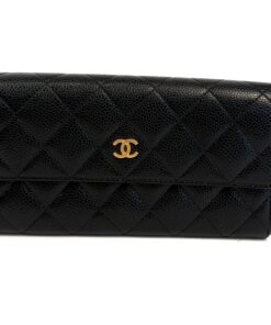 Chanel large gusset flap wallet in black diamond quilted caviar leather with a polished gold CC on the front flap