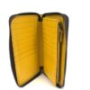 Wallet standing open to show the yellow leather interior