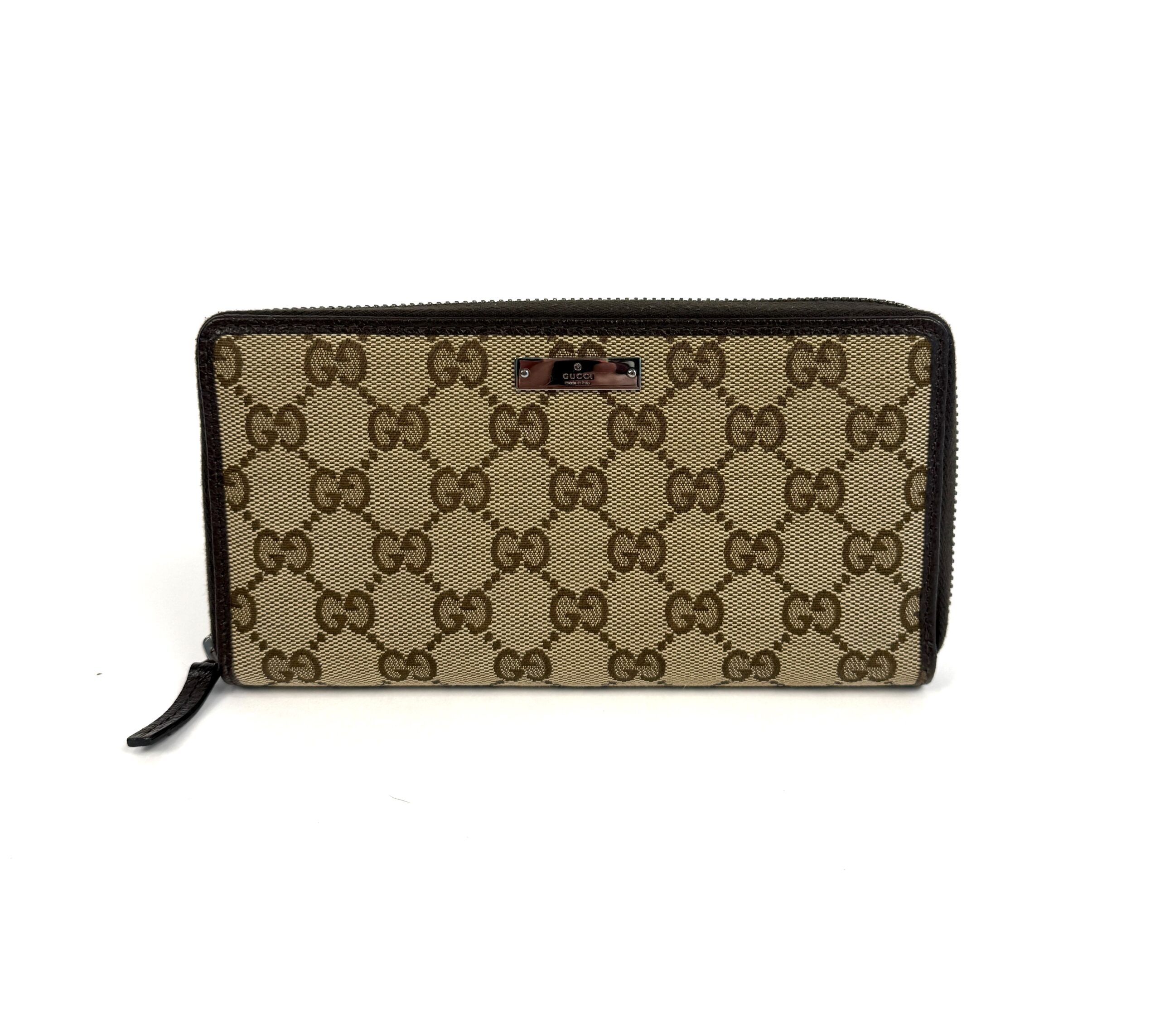 Gucci Monogram Metal Bar Zip Around Wallet Dark Brown