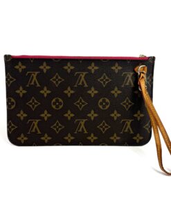 Louis Vuitton Monogram Neverfull Pochette Clutch Pivoine, front view with the leather wrist strap