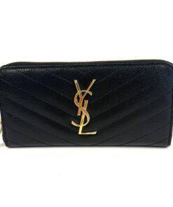 YSL Saint Laurent Grain De Poudre Matelasse Chevron Monogram Zip Around Wallet Black