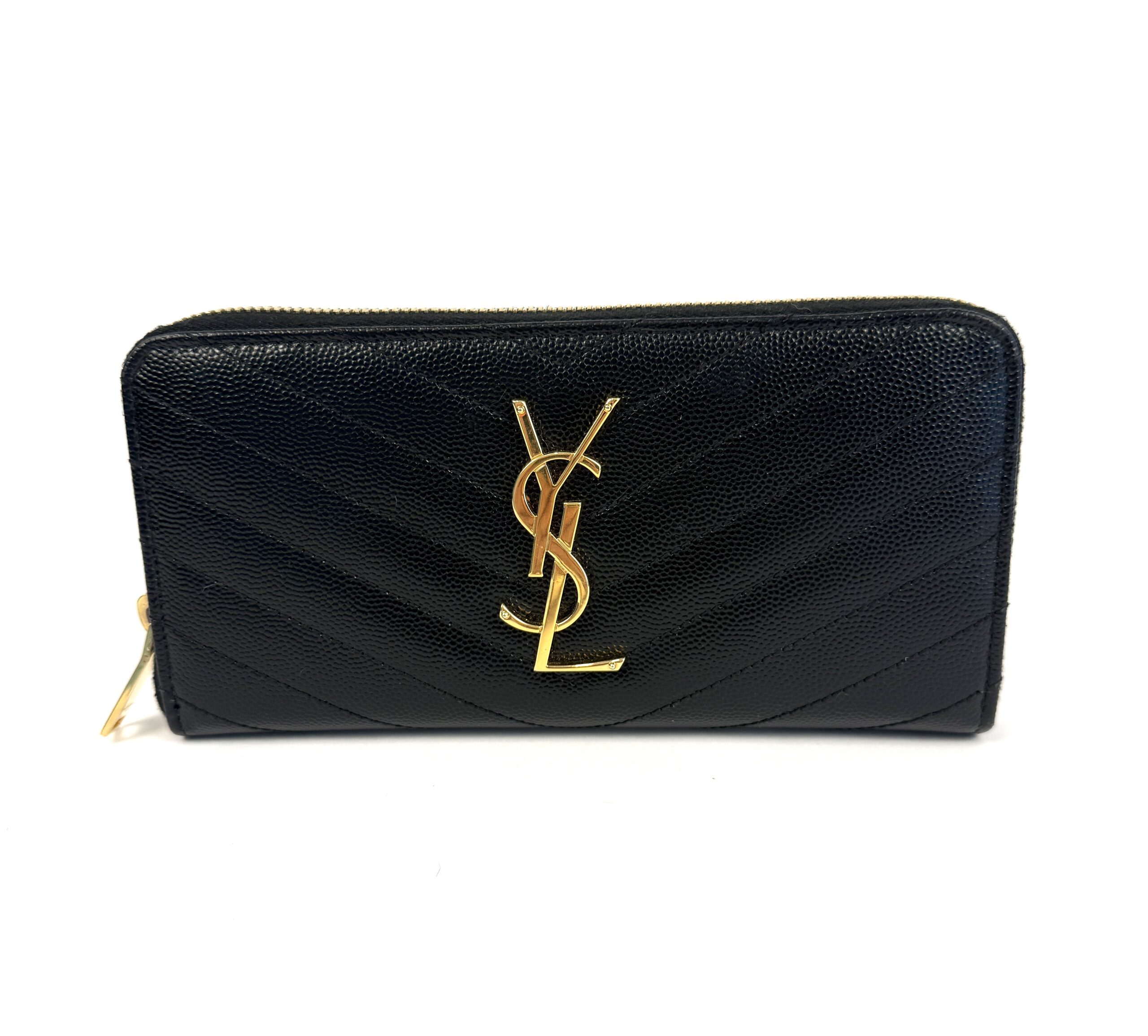 YSL Saint Laurent Grain De Poudre Matelasse Chevron Monogram Zip Around Wallet Black