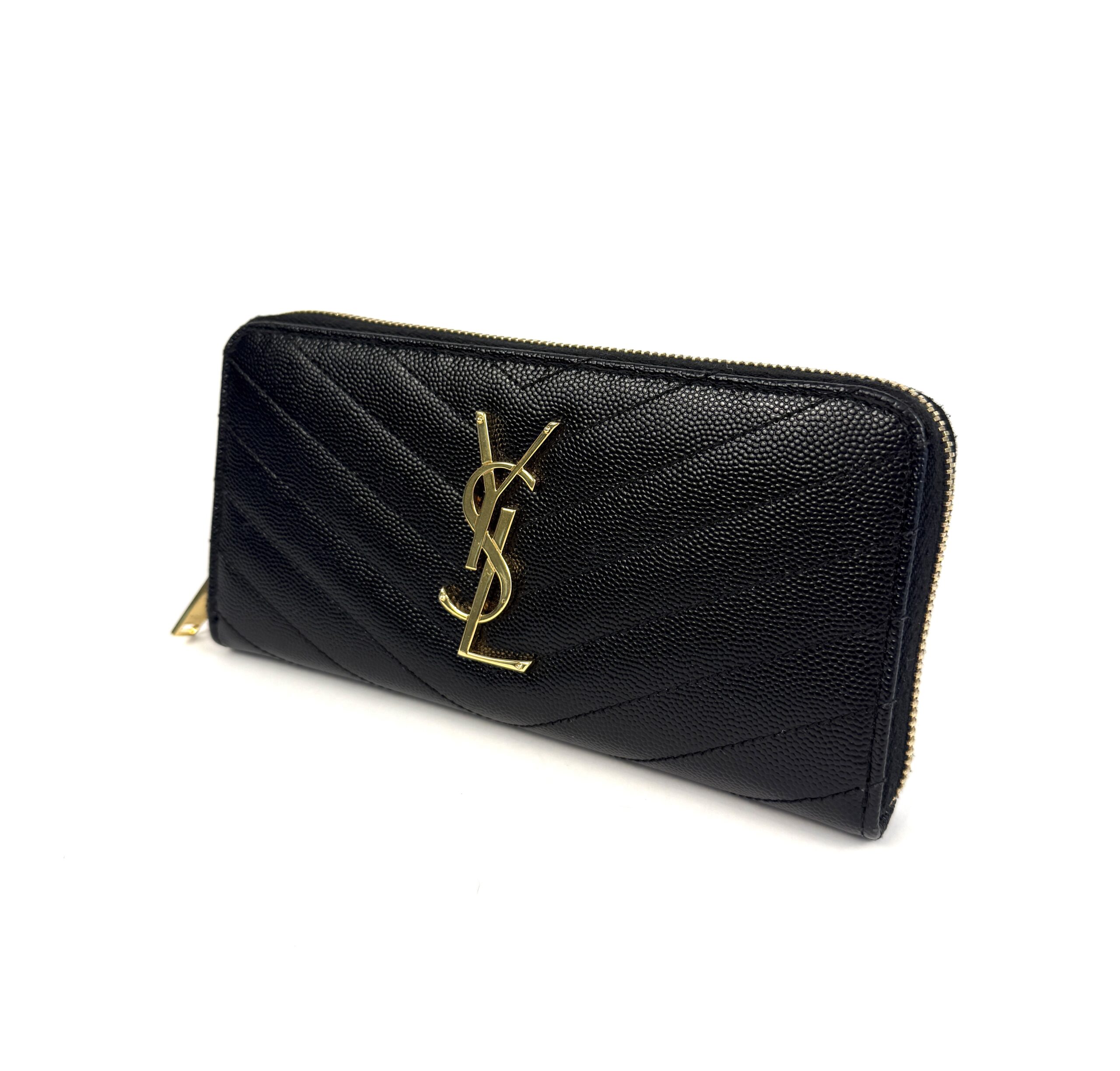YSL Saint Laurent Grain De Poudre Matelasse Chevron Monogram Zip Around Wallet Black - Image 3