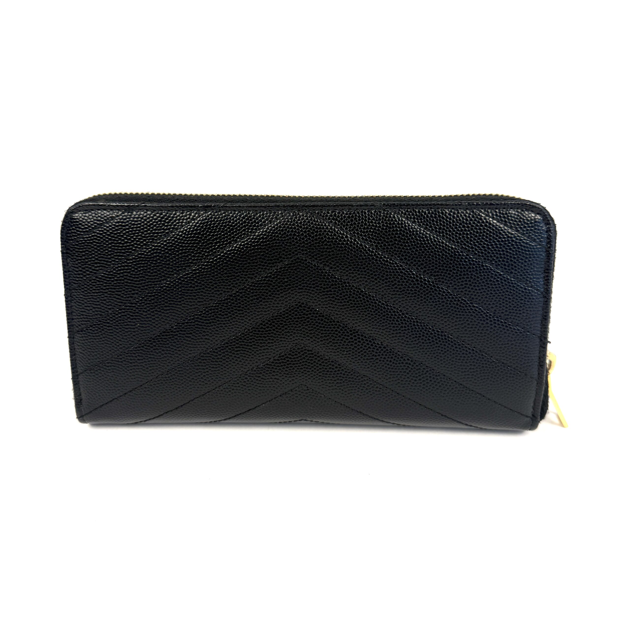YSL Saint Laurent Grain De Poudre Matelasse Chevron Monogram Zip Around Wallet Black - Image 6
