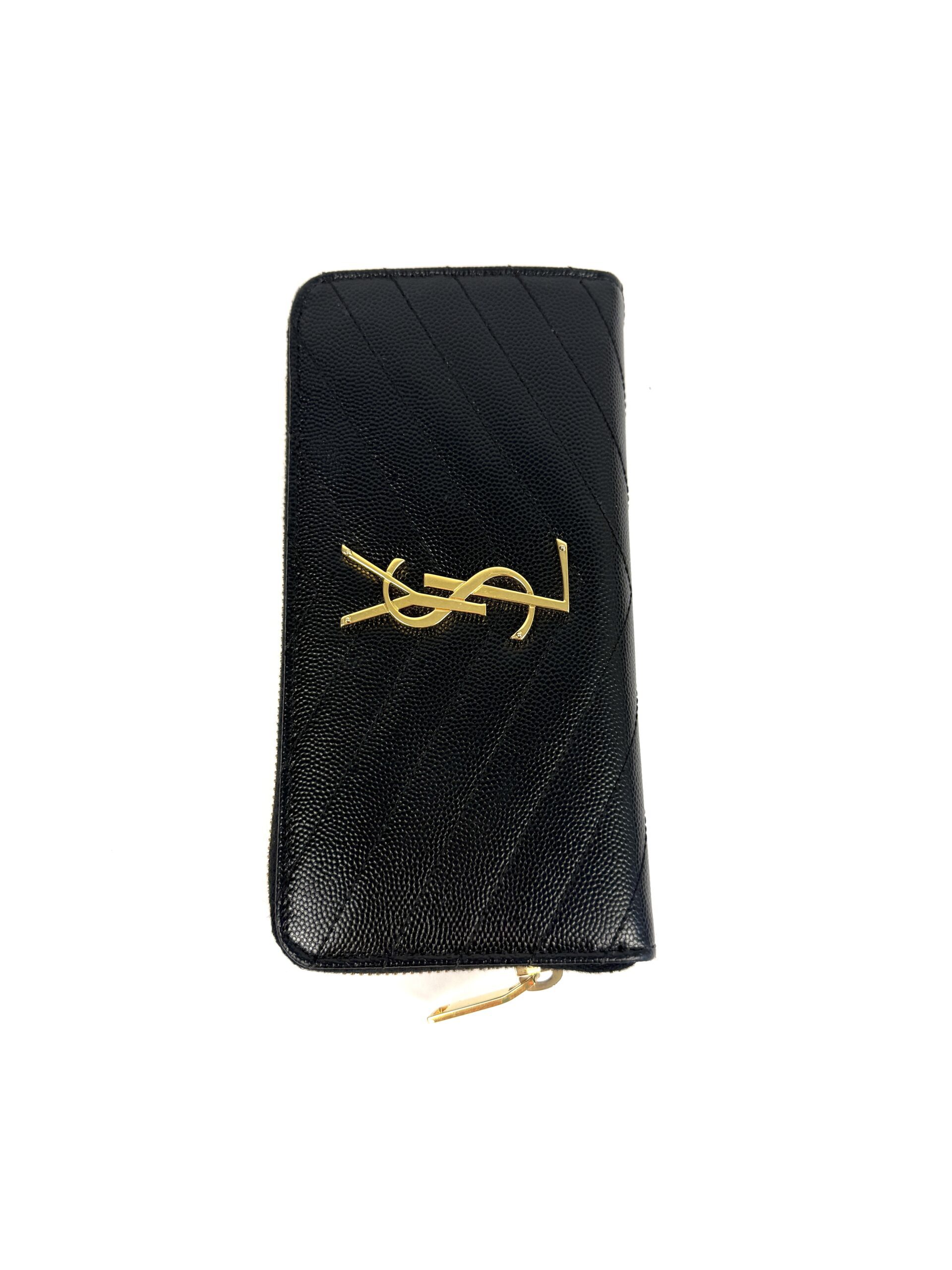 YSL Saint Laurent Grain De Poudre Matelasse Chevron Monogram Zip Around Wallet Black - Image 7