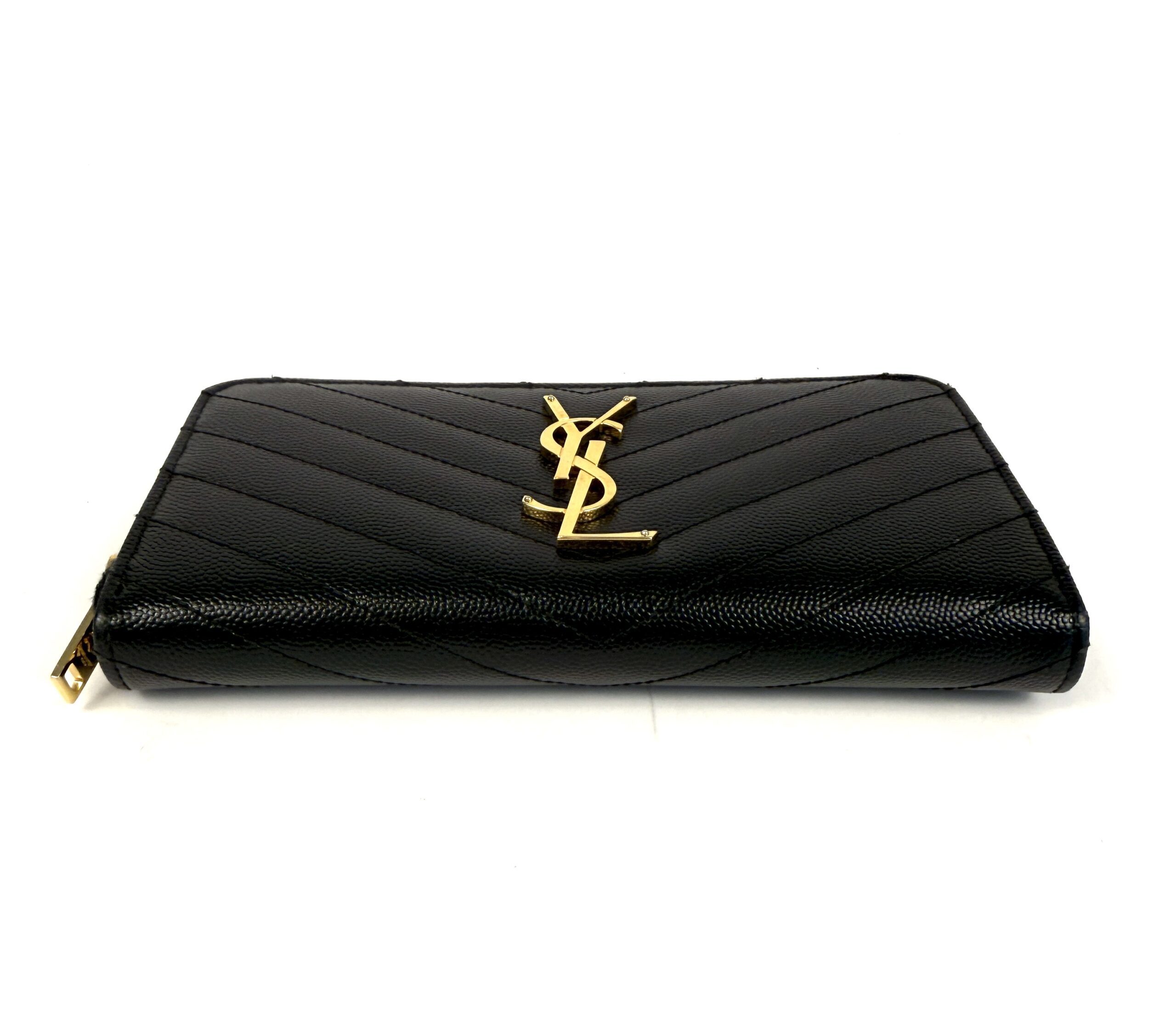 YSL Saint Laurent Grain De Poudre Matelasse Chevron Monogram Zip Around Wallet Black - Image 14