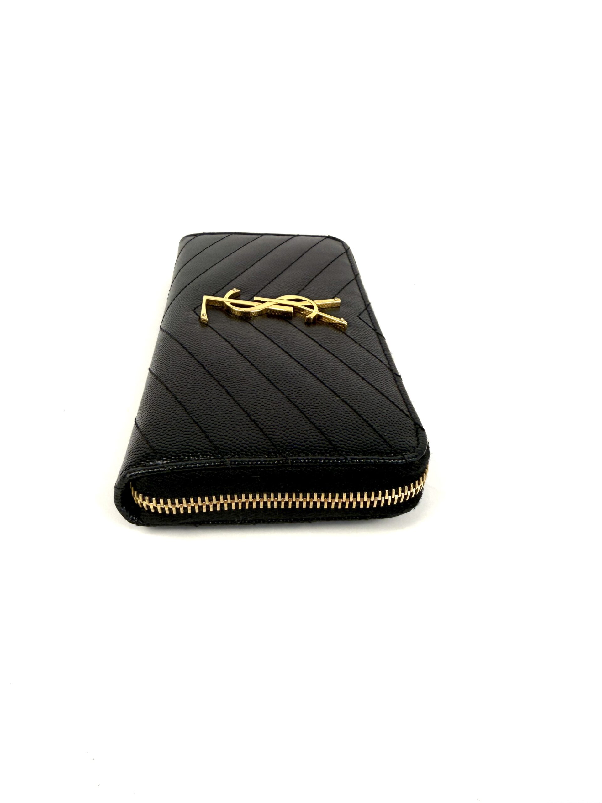 YSL Saint Laurent Grain De Poudre Matelasse Chevron Monogram Zip Around Wallet Black - Image 13