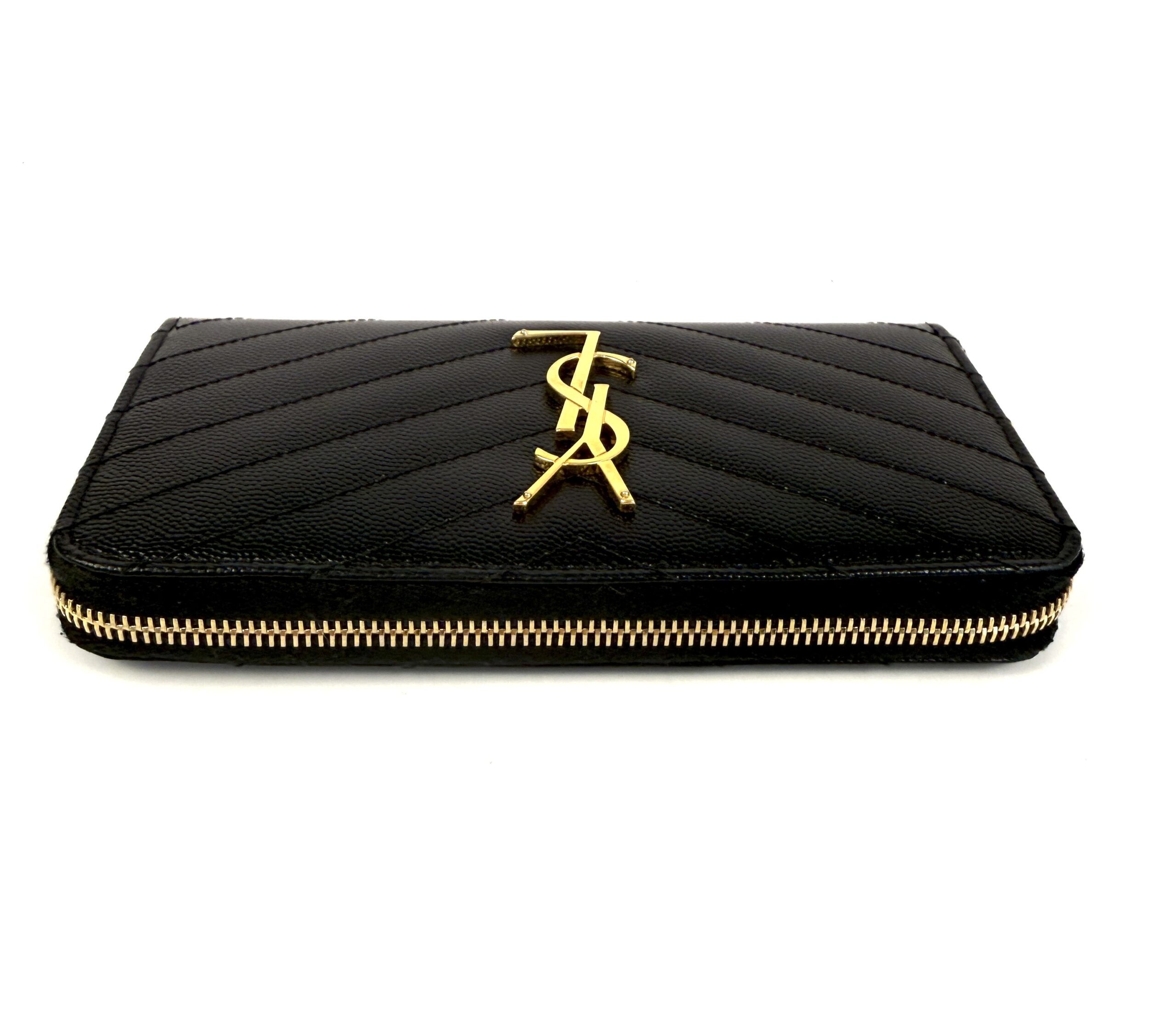 YSL Saint Laurent Grain De Poudre Matelasse Chevron Monogram Zip Around Wallet Black - Image 11