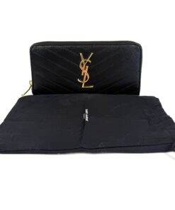 Alternative view of YSL Saint Laurent Grain De Poudre Matelasse Chevron Monogram Zip Around Wallet Black