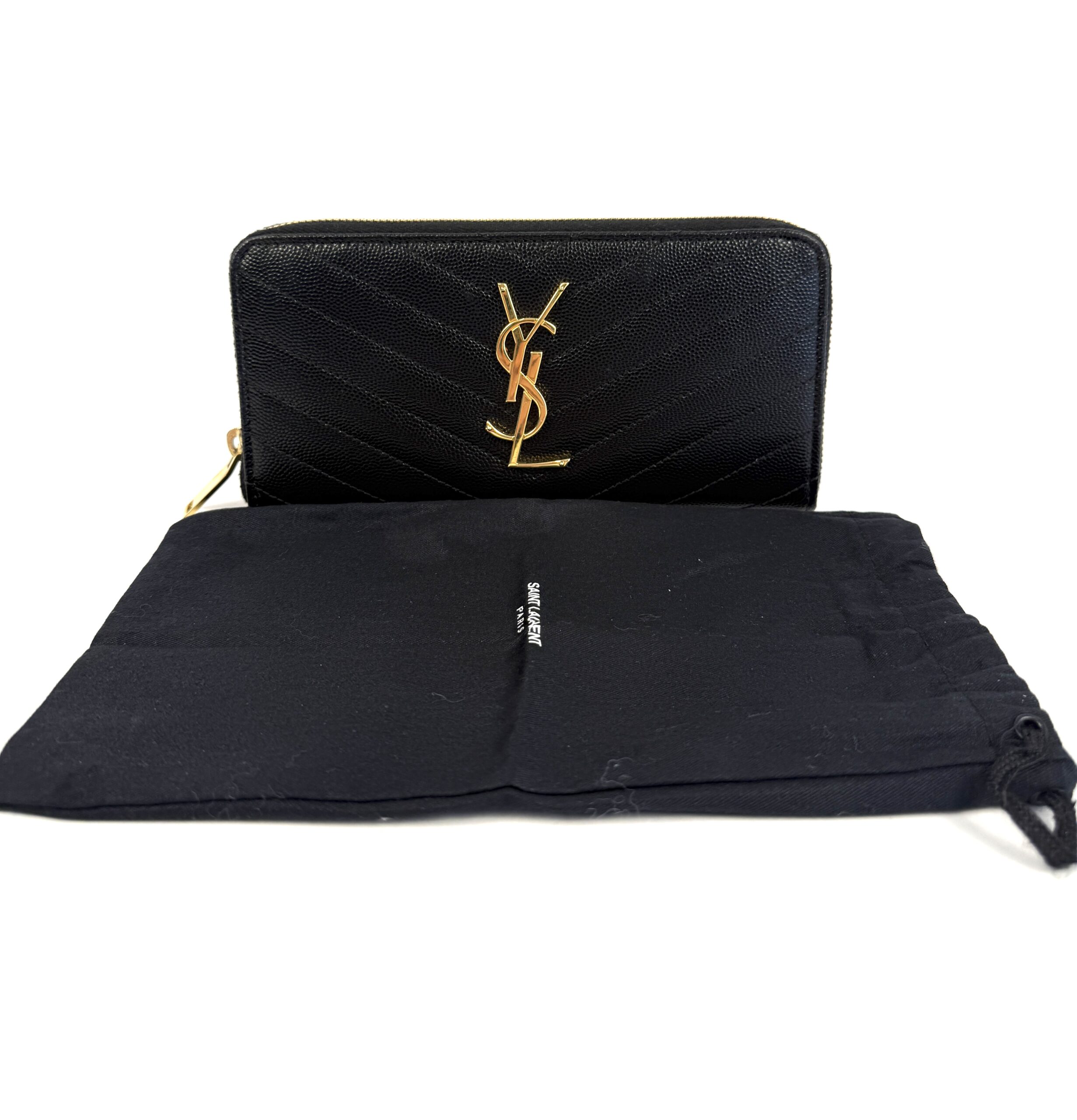 YSL Saint Laurent Grain De Poudre Matelasse Chevron Monogram Zip Around Wallet Black - Image 2