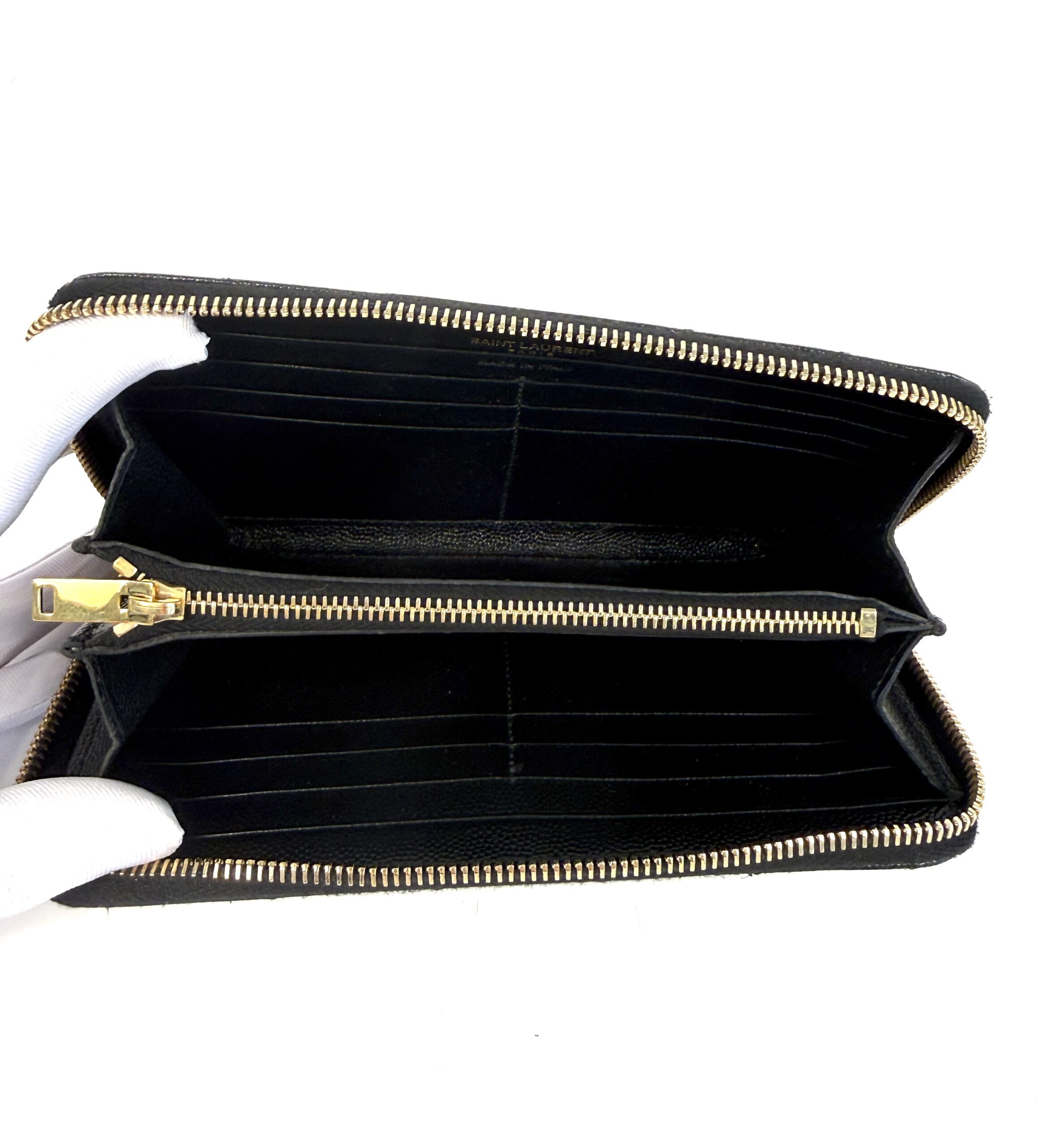 YSL Saint Laurent Grain De Poudre Matelasse Chevron Monogram Zip Around Wallet Black - Image 5