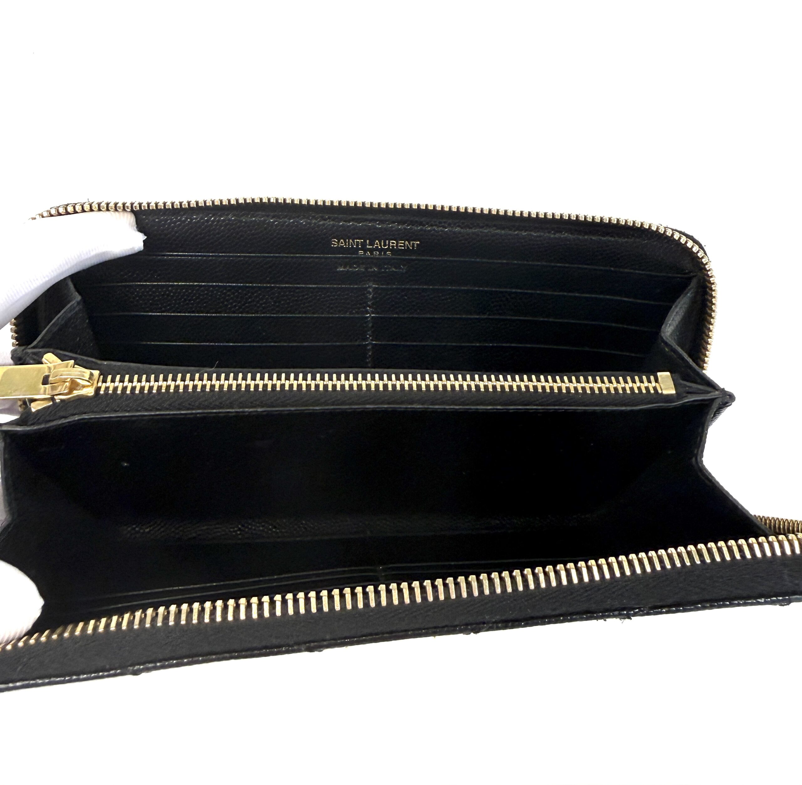 YSL Saint Laurent Grain De Poudre Matelasse Chevron Monogram Zip Around Wallet Black - Image 8