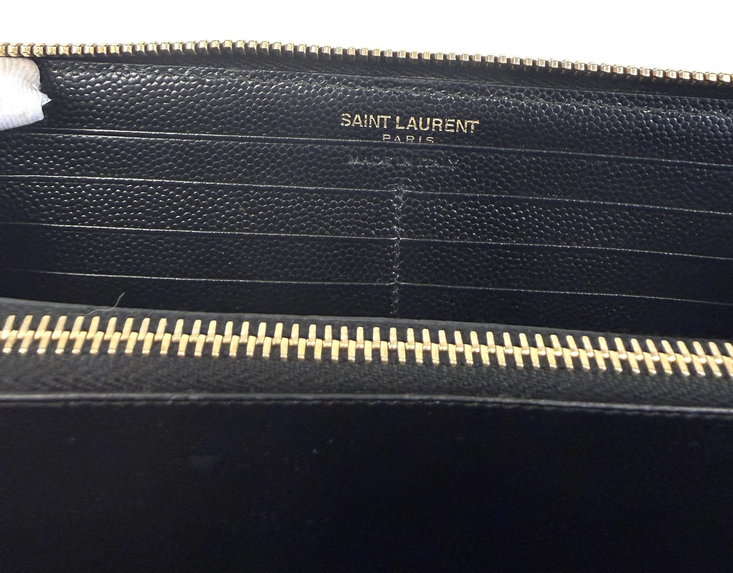 YSL Saint Laurent Grain De Poudre Matelasse Chevron Monogram Zip Around Wallet Black - Image 15