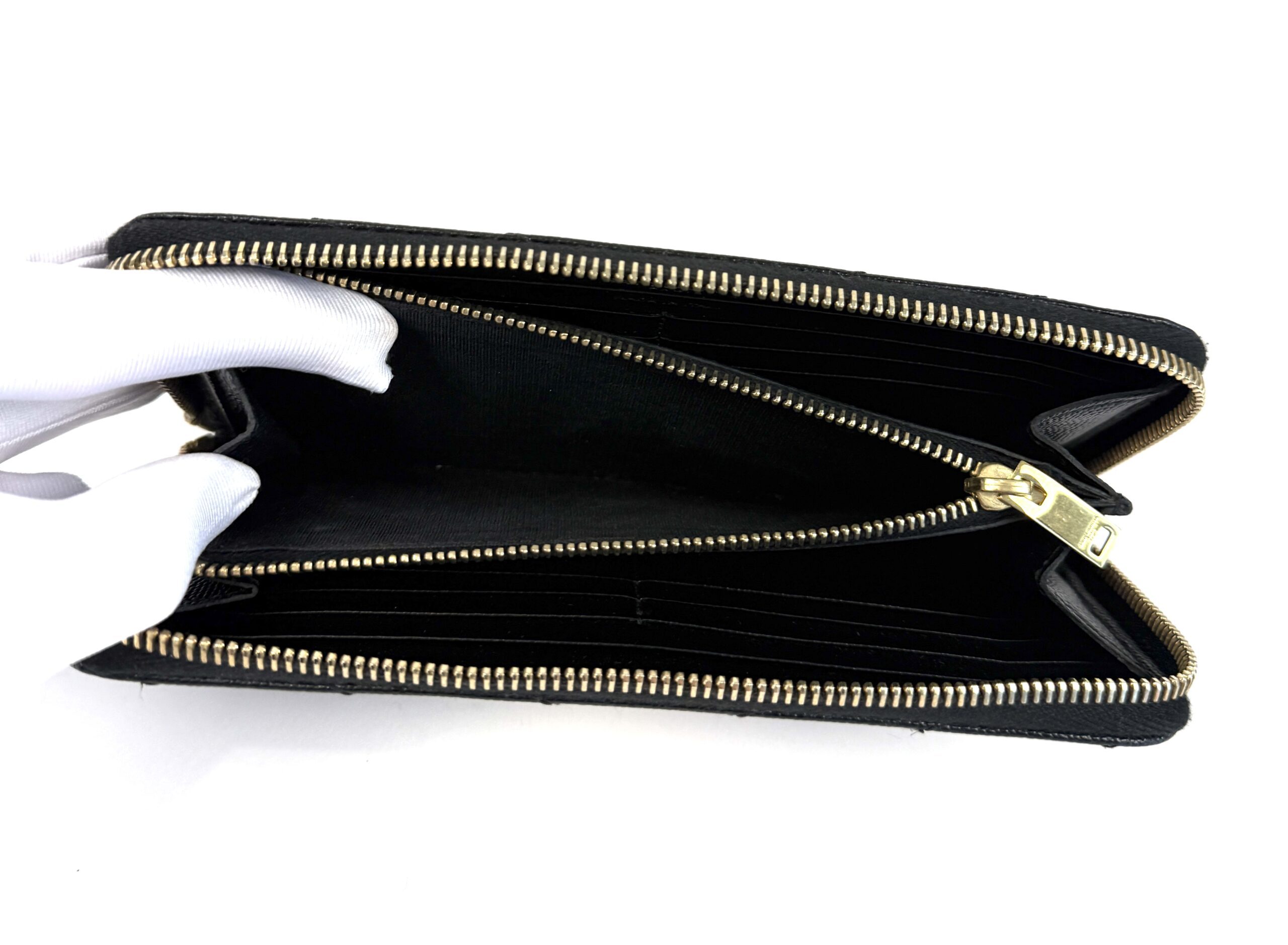 YSL Saint Laurent Grain De Poudre Matelasse Chevron Monogram Zip Around Wallet Black - Image 17
