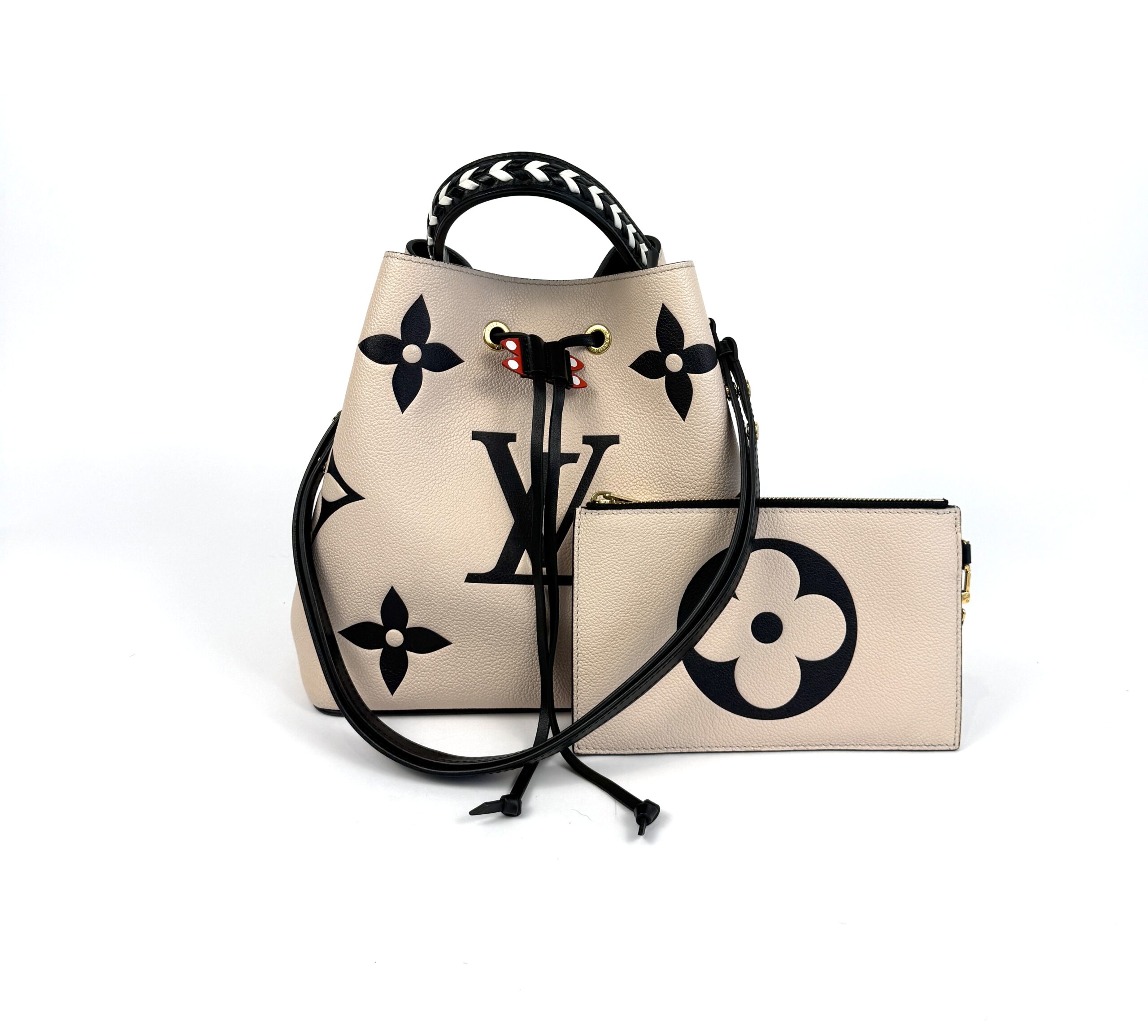 Louis Vuitton Empreinte Monogram Giant Crafty Neonoe MM Creme Black, front view with its matching pochette
