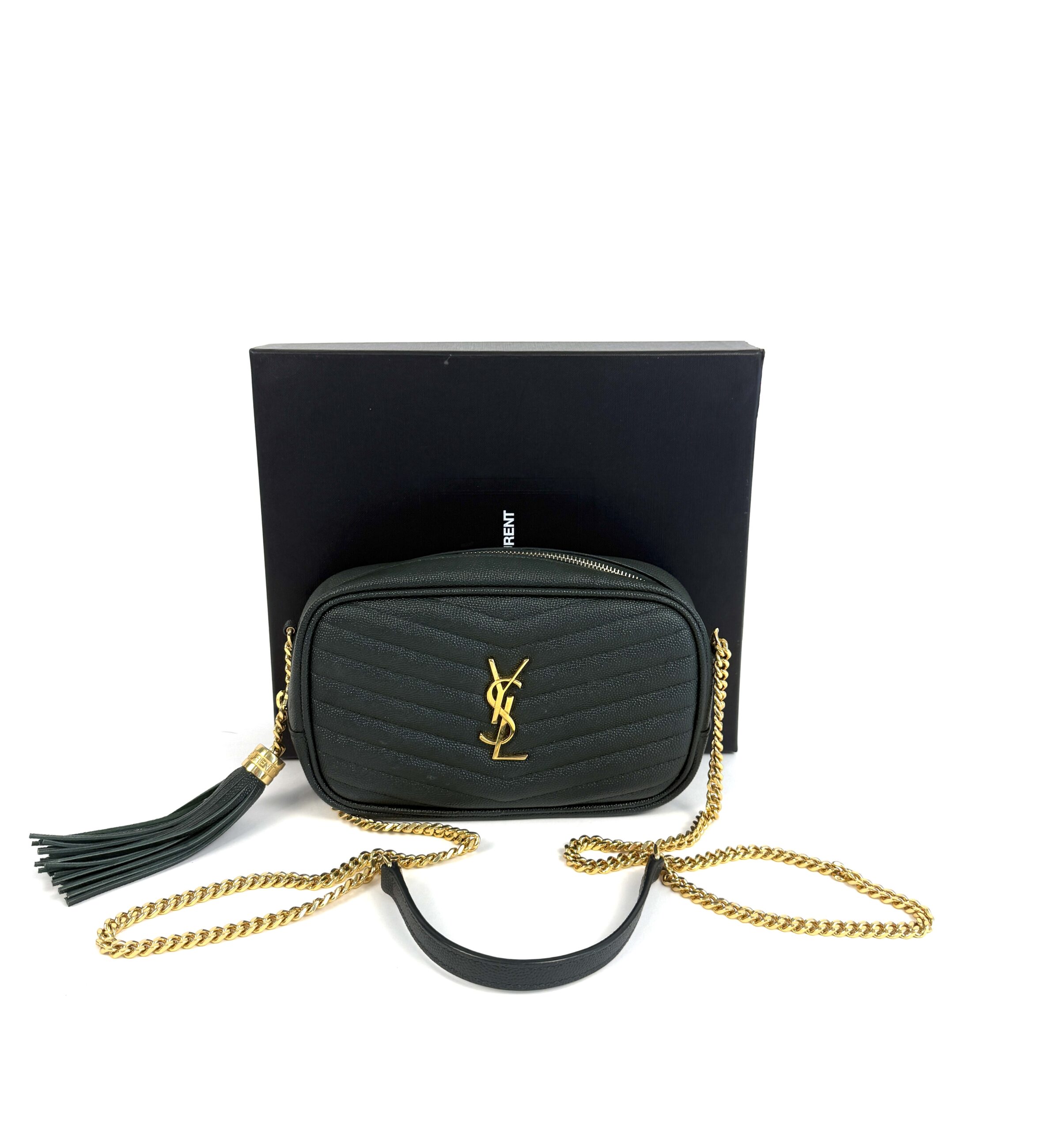 YSL Saint Laurent Grain De Poudre Matelasse Monogram Mini Lou Camera Bag Vert Fonce Green - Image 3