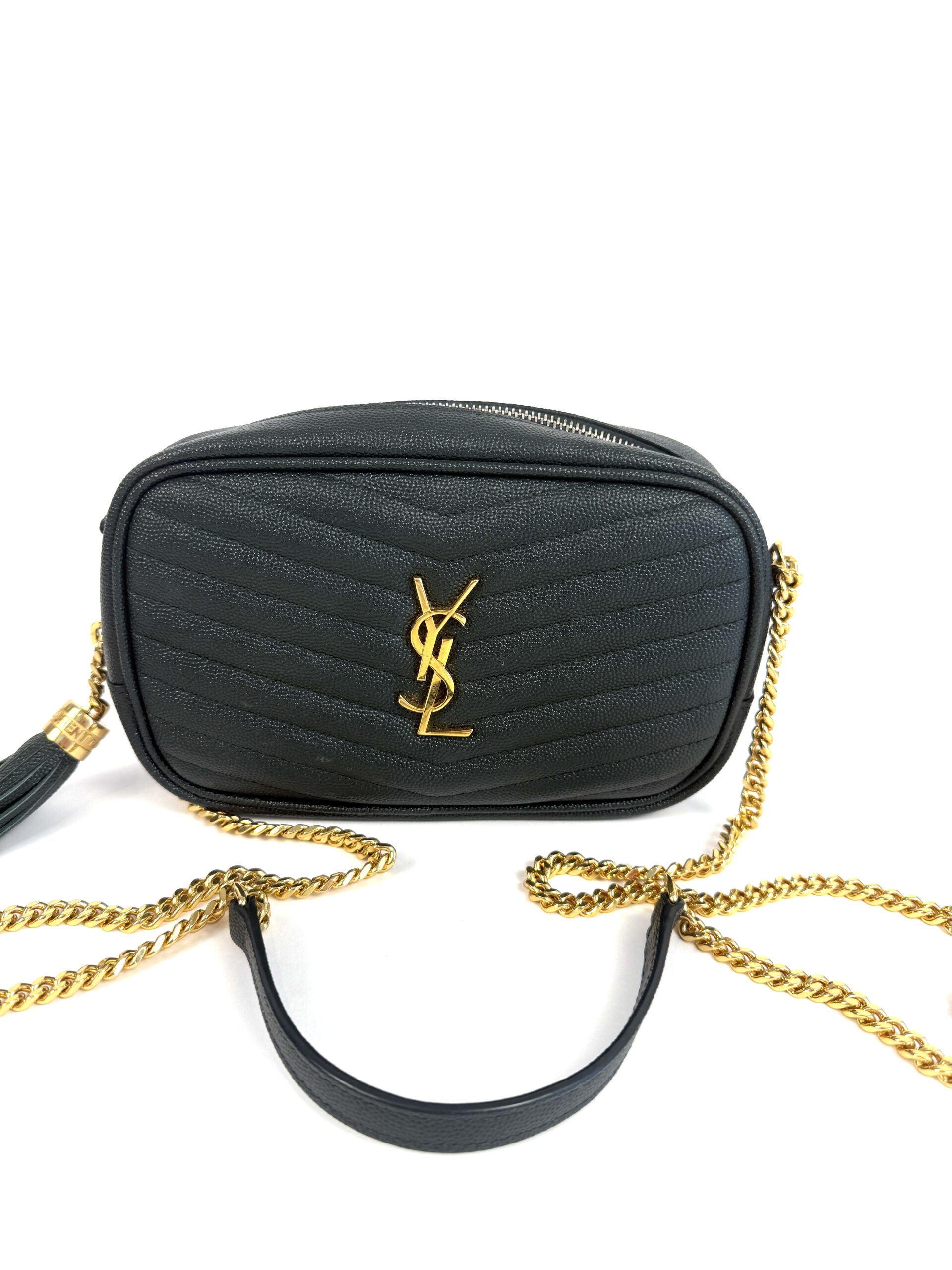 YSL Saint Laurent Grain De Poudre Matelasse Monogram Mini Lou Camera Bag Vert Fonce Green
