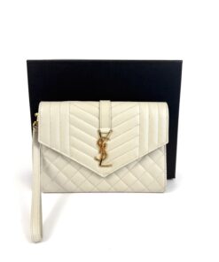YSL Saint Laurent Envelope Flap Pouch In Mix Matelassé Grain De Poudre Embossed Cream Leather