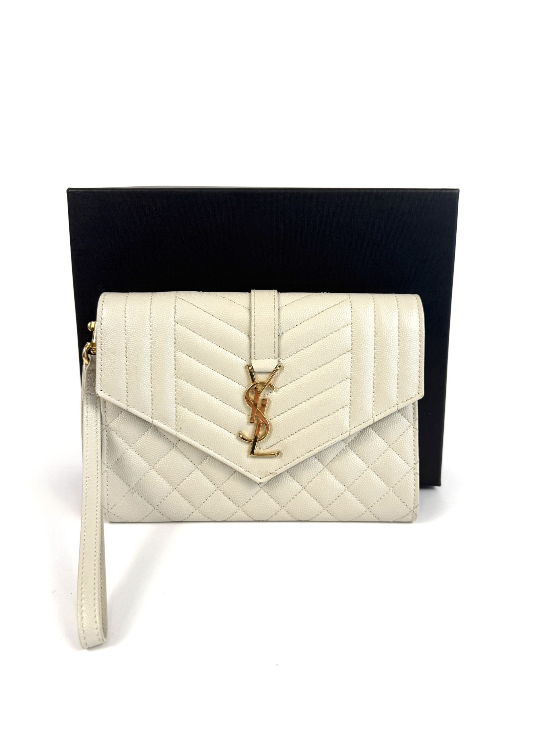 YSL Saint Laurent Envelope Flap Pouch In Mix Matelassé Grain De Poudre Embossed Cream Leather
