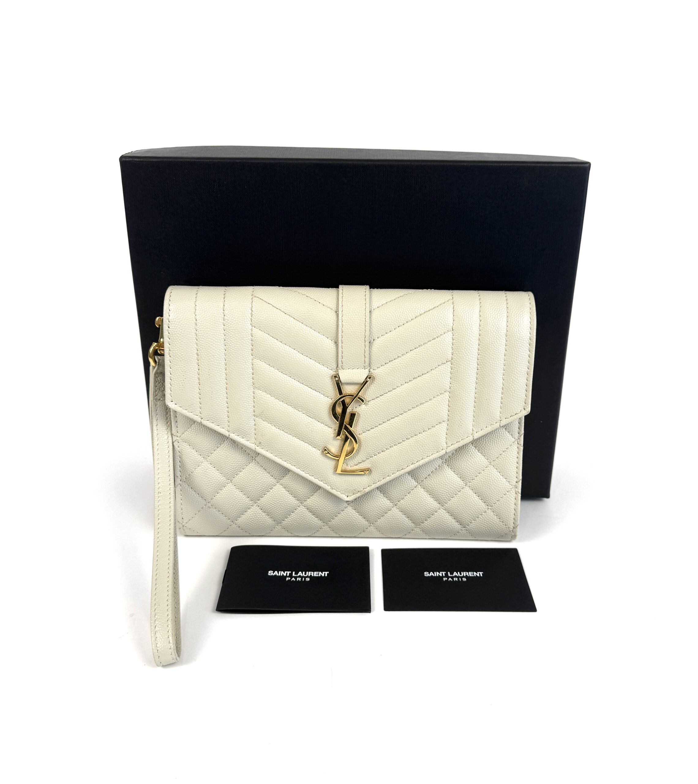 YSL Saint Laurent Envelope Flap Pouch In Mix Matelassé Grain De Poudre Embossed Cream Leather - Image 4