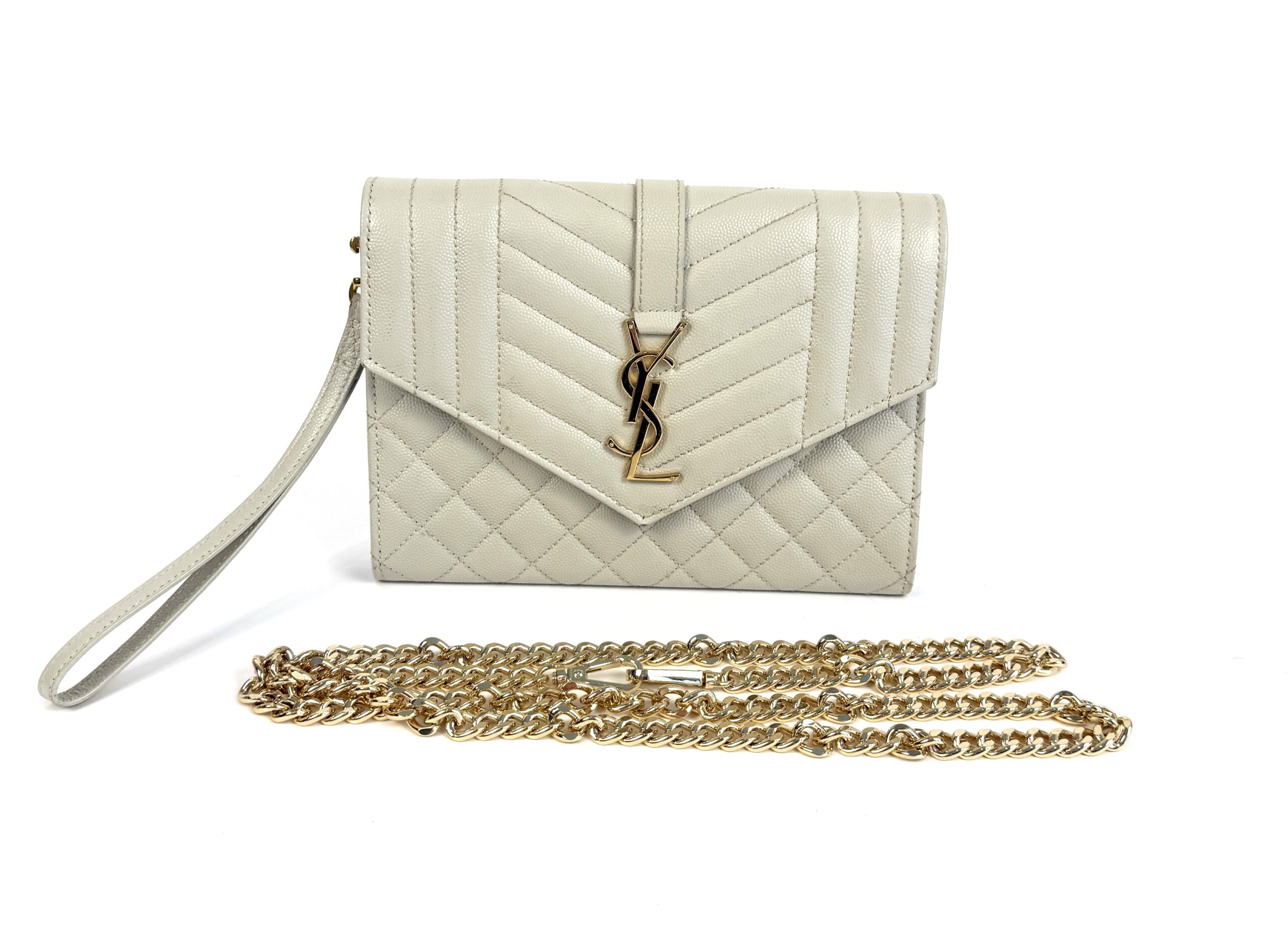 YSL Saint Laurent Envelope Flap Pouch In Mix Matelassé Grain De Poudre Embossed Cream Leather - Image 5