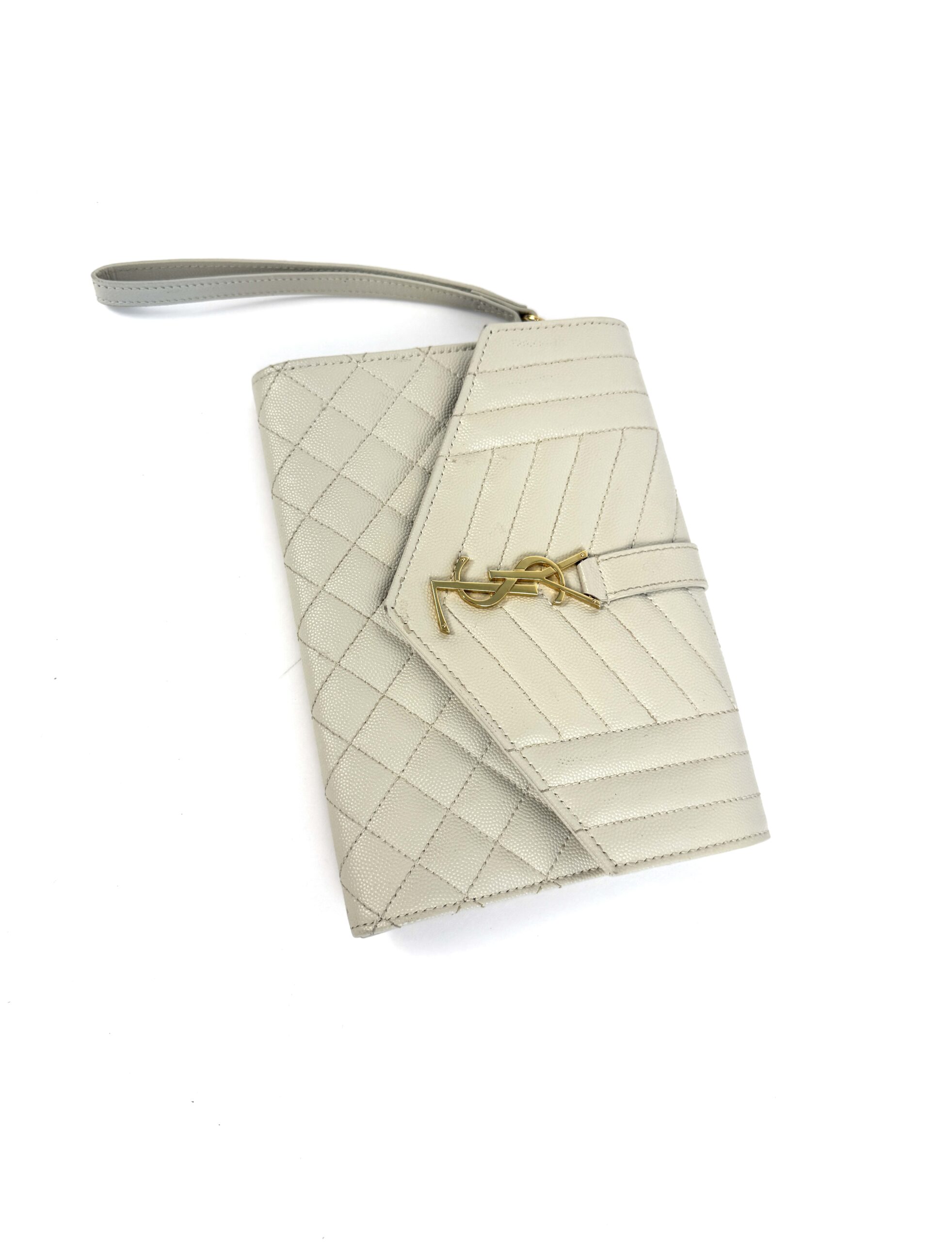 YSL Saint Laurent Envelope Flap Pouch In Mix Matelassé Grain De Poudre Embossed Cream Leather - Image 8
