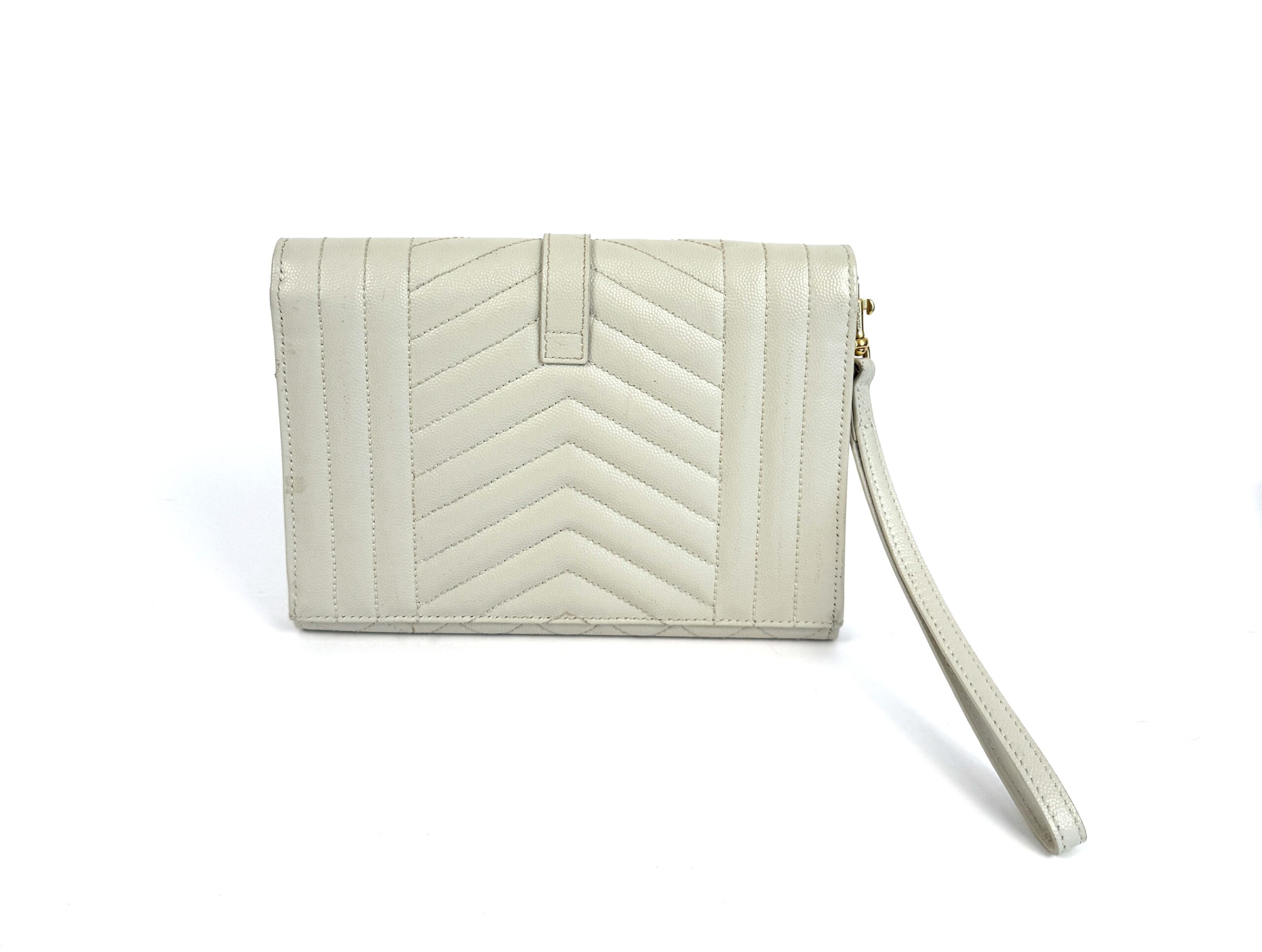 YSL Saint Laurent Envelope Flap Pouch In Mix Matelassé Grain De Poudre Embossed Cream Leather - Image 10
