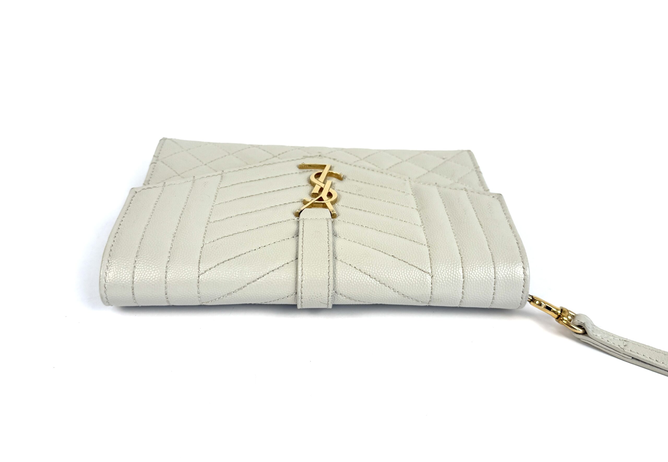 YSL Saint Laurent Envelope Flap Pouch In Mix Matelassé Grain De Poudre Embossed Cream Leather - Image 11