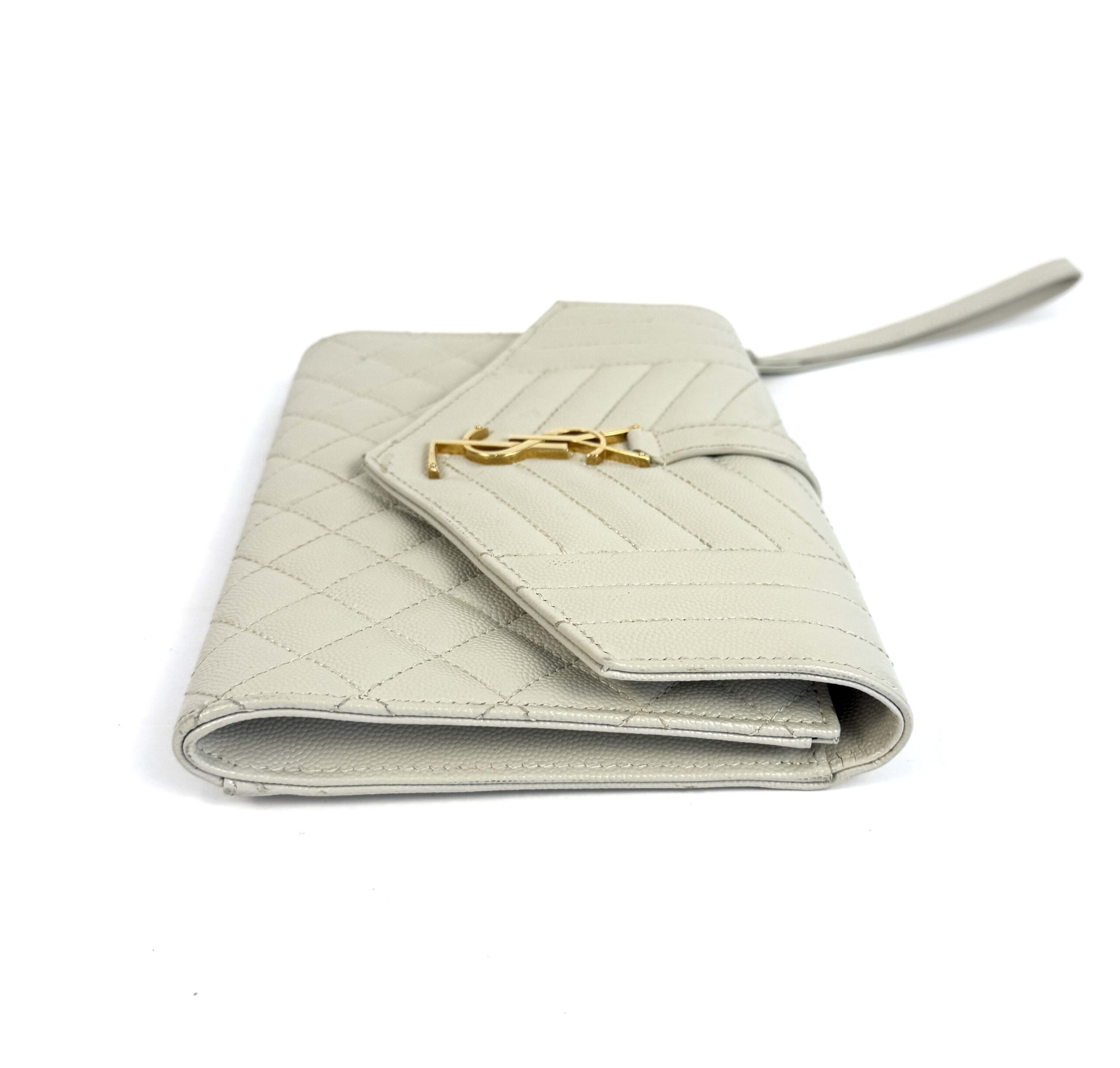 YSL Saint Laurent Envelope Flap Pouch In Mix Matelassé Grain De Poudre Embossed Cream Leather - Image 12