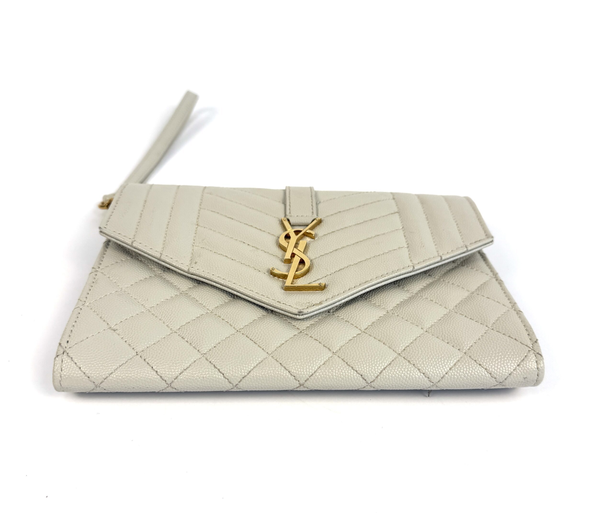 YSL Saint Laurent Envelope Flap Pouch In Mix Matelassé Grain De Poudre Embossed Cream Leather - Image 13