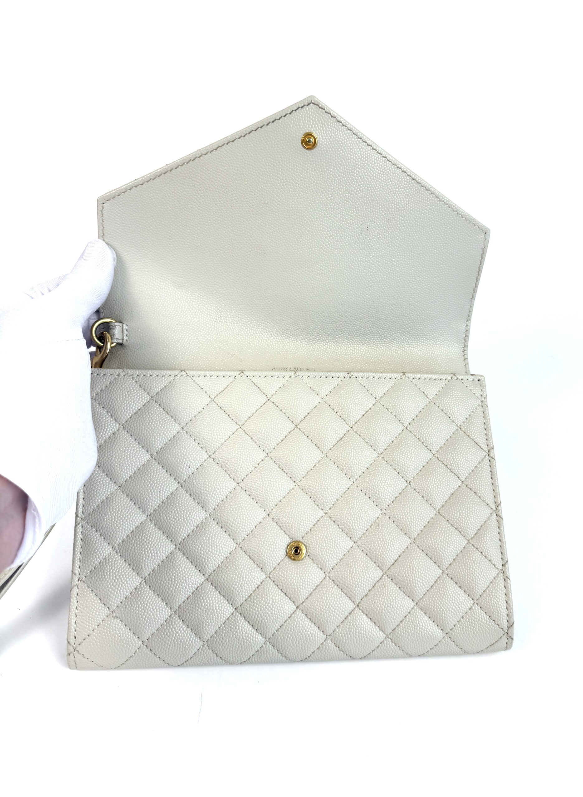 YSL Saint Laurent Envelope Flap Pouch In Mix Matelassé Grain De Poudre Embossed Cream Leather - Image 16