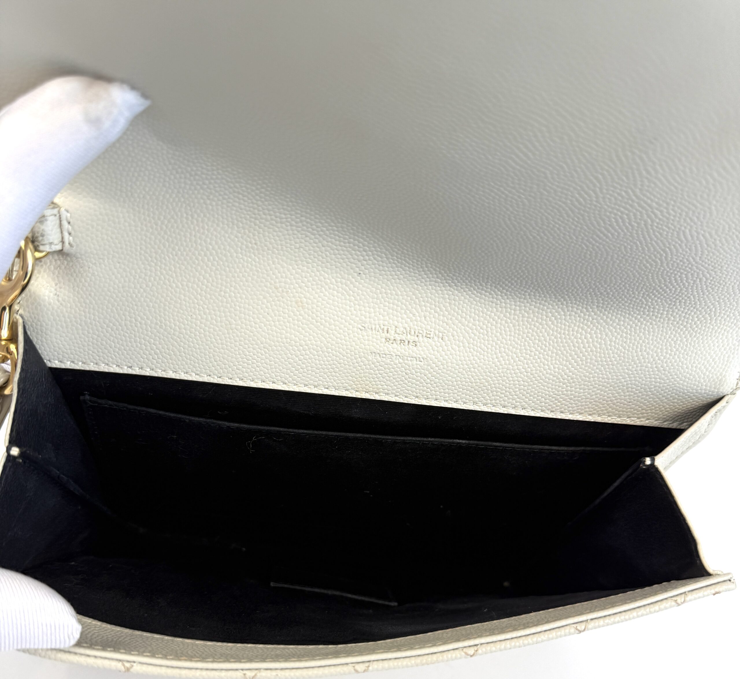YSL Saint Laurent Envelope Flap Pouch In Mix Matelassé Grain De Poudre Embossed Cream Leather - Image 6