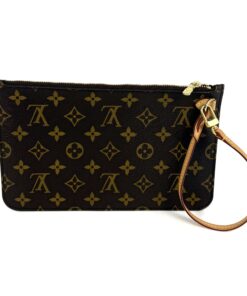 Louis Vuitton Monogram Beige Neverfull Pochette Wristlet 2, front view with the wrist strap attached
