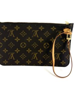 Louis Vuitton Monogram Beige Neverfull Pochette Wristlet 1, front view with the wrist strap attached