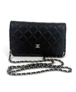 CHANEL Black Classic Wallet On Chain WOC Crossbody Lambskin Silver Hardware