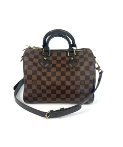 Louis Vuitton Damier Ebene Speedy Bandouliere 25 Red, front view with the shoulder strap
