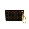 Louis Vuitton Monogram Neverfull Pochette Clutch Pivoine Wristlet, front view with the leather wrist strap