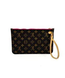 Louis Vuitton Monogram Neverfull Pochette Clutch Pivoine Wristlet, front view with the leather wrist strap