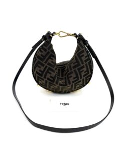 Fendi Denim Jacquard FF Effect Vitello Grace Mini Fendigraphy Hobo Bag Tobacco Moro Ebano